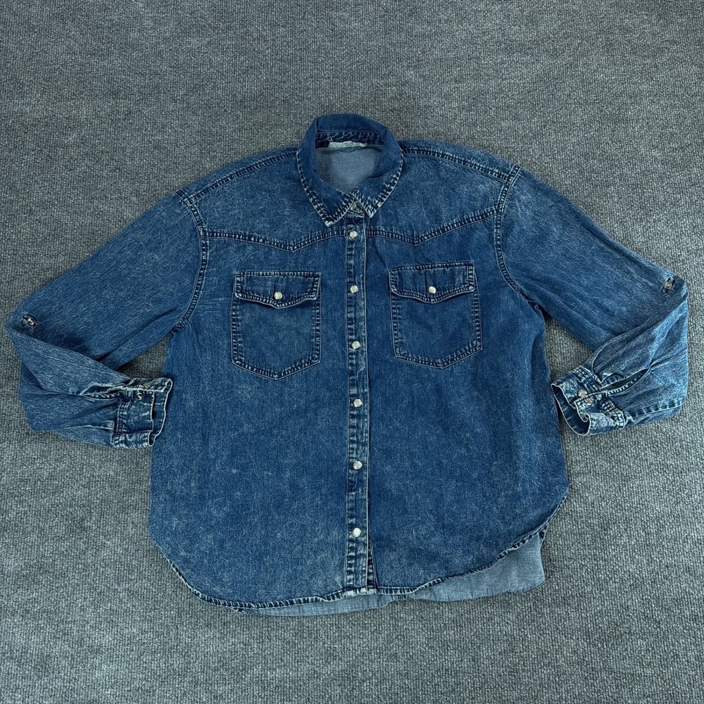 Jane + Delancey Blue Acid Wash Denim Pearl Snap Front Western Shirt Large Fall